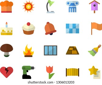 Color flat icon set window flat vector, drill screwdriver, paint brush, tile, fence, flooring, cook hat, cupcake, cake, mushroom, nesting box, tulip, bonfire, flag, reading lamp, sun, bell, heart