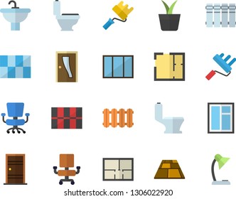 Color flat icon set window flat vector, paint roller, sink, toilet, house layout, Entrance door, tile, flooring, heating batteries, home plant, office chair, reading lamp