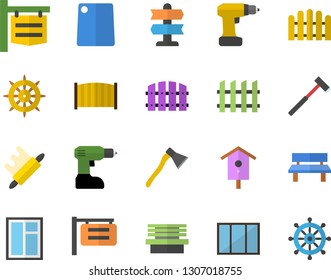 Color flat icon set window flat vector, drill screwdriver, fence, ax, rolling pin, cutting board, nesting box, bench, signboard, pointer fector, steering wheel