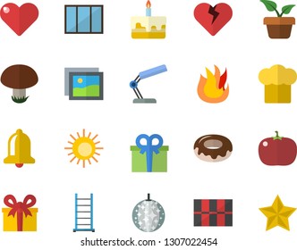 Color flat icon set window flat vector, ladder, tile, cook hat, fire, cake, donut, tomato, mushroom, home plant, present, reading lamp, sun fector, disco ball, bell, gallery, heart, favorites