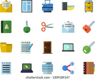 Color flat icon set window flat vector, Entrance door, computer file, copy machine, archive, laptop, notepad, hotel first line fector, key, share, scissors, message, notebook
