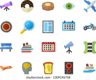 Color flat icon set window flat vector, induction cooker, donut, sandwich, pancakes, bench, magnifier, calendar, eye, telescope, brain vector, carpal expander, aircraft, motorcycle, cruise ship