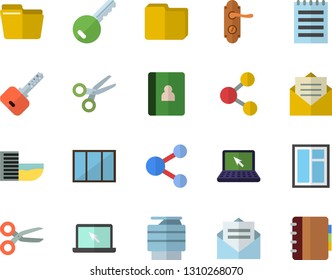 Color flat icon set window flat vector, door lock, computer file, copy machine, laptop, notepad, hotel first line fector, key, share, scissors, message, notebook