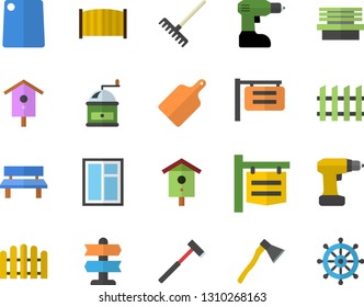 Color flat icon set window flat vector, drill screwdriver, fence, ax, cutting board, coffee grinder, nesting box, rake, bench, signboard, pointer fector, steering wheel