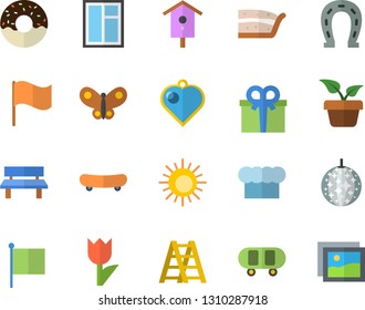 Color flat icon set window flat vector, ladder, cook hat, piece of cake, donut, nesting box, home plant, horseshoe, tulip, butterflies, bench, flag, present, skateboard, sun fector, disco ball