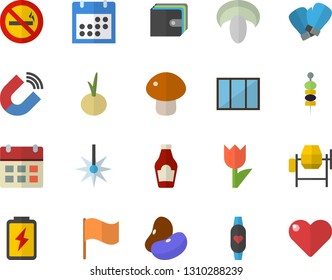 Color flat icon set window flat vector, concrete mixer, ketchup, legumes, mushroom, onion, canape, tulip, battery, laser, magnet, purse, flag, calendar, boxing gloves, fitness bracelet, heart