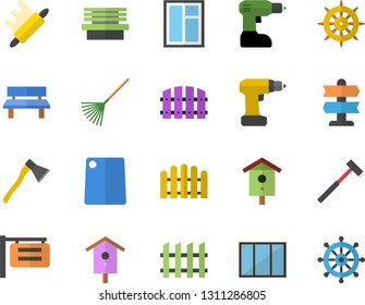 Color flat icon set window flat vector, drill screwdriver, fence, ax, rolling pin, cutting board, nesting box, rake, bench, signboard, pointer fector, steering wheel