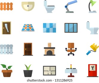 Color flat icon set window flat vector, paint roller, sink, toilet, house layout, Entrance door, tile, flooring, heating batteries, home plant, fireplace, office chair, reading lamp, doctor's