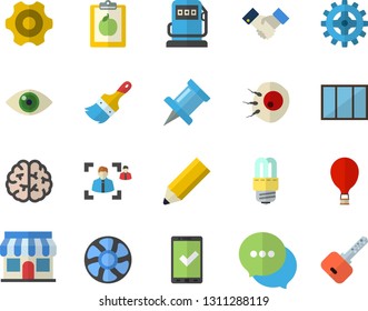Color flat icon set window flat vector, cogwheel, paint brush, energy saving lamp, ventilation, refueling, store front, chat, artificial insemination, recruitment, agreement, pencil, brain, diet