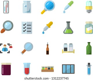 Color flat icon set window flat vector, energy saving lamp, spice, sauce, jam, thermometer, chemistry, glass bottles, magnifier, pipette, blood test, medical analysis, recruitment, to do list