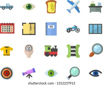 Color flat icon set window flat vector, house layout, induction cooker, sandwich, pickup truck, magnifier, calendar, eye, office worker, notebook, telescope, brain fector, carpal expander, train