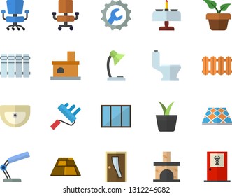 Color flat icon set window flat vector, paint roller, sink, toilet, Entrance door, repair, flooring, heating batteries, home plant, fireplace, office chair, reading lamp, romantic dinner fector