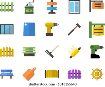 Color flat icon set window flat vector, drill screwdriver, fence, ax, rolling pin, cutting board, coffee grinder, rake, bench, signboard, pointer fector, steering wheel