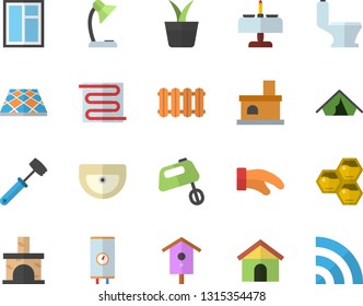 Color flat icon set window flat vector, sink, toilet, flooring, warm floor, heating batteries, boiler, potholder, meat hammer, mixer, honeycomb, nesting box, home plant, fireplace, reading lamp