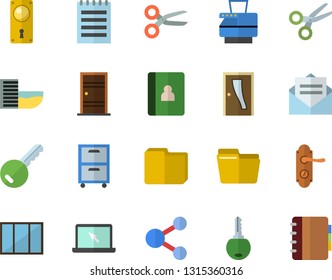 Color flat icon set window flat vector, Entrance door, lock, computer file, copy machine, archive, laptop, notepad, hotel first line fector, key, share, scissors, message, notebook