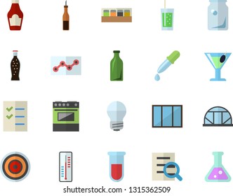 Color flat icon set window flat vector, energy saving lamp, electric stove, induction cooker, spice, ketchup, sauce, lemonade, cocktail, soda, thermometer, greenhouse, glass bottles, pipette, flask