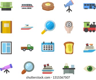 Color flat icon set window flat vector, sandwich, pancakes, pickup truck, bench, magnifier, calendar, office worker, notebook, telescope, brain fector, train, bus, cruise ship, yacht, eye