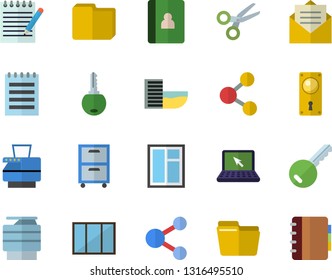 Color flat icon set window flat vector, door lock, computer file, copy machine, archive, laptop, notepad, hotel first line fector, key, share, scissors, message, notebook