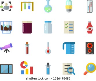 Color flat icon set window flat vector, energy saving lamp, meashuring cup, induction cooker, temperature, glass jar, whiskey, jam, ketchup, thermometer, statistics, blood test, recruitment, flask