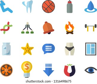 Color flat icon set window flat vector, bonfire, ventilation, drop, glass bottles, idea, DNA, broken tooth, hierarchy, magnet, barbell, basketball, waistline, sports pear, swing press, bell, chat