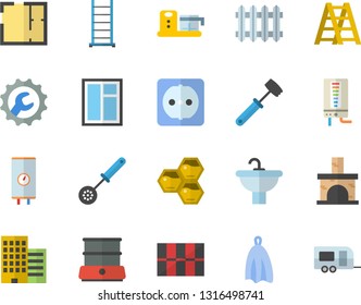 Color flat icon set window flat vector, ladder, sink, house layout, sockets, skyscraper, tile, repair, boiler, kitchen spoon, towel, meat hammer, double, food processor, honeycomb, fireplace