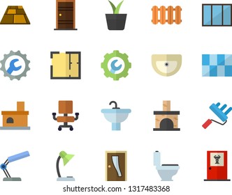 Color flat icon set window flat vector, paint roller, sink, toilet, house layout, Entrance door, tile, repair, flooring, heating batteries, home plant, fireplace, office chair, reading lamp