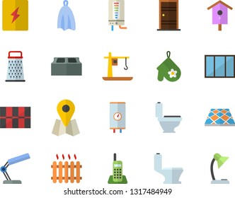 Color flat icon set window flat vector, toilet, Entrance door, tile, switch box, brick, flooring, boiler, potholder, towel, grater, nesting, crane, radiator, location, telephone, reading lamp