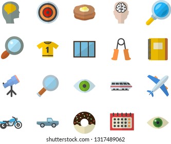 Color flat icon set window flat vector, induction cooker, donut, pancakes, pickup truck, magnifier, calendar, eye, notebook, telescope, brain fector, carpal expander, sport T shirt, train, aircraft