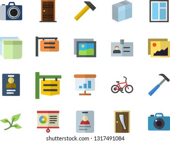 Color flat icon set window flat vector, Entrance door, hammer, tree leaf, signboard, chart, badge, sticker, bicycle fector, camera, gallery