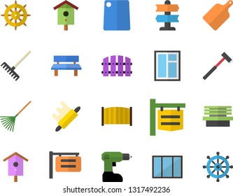 Color flat icon set window flat vector, drill screwdriver, fence, ax, rolling pin, cutting board, nesting box, rake, bench, signboard, pointer fector, steering wheel