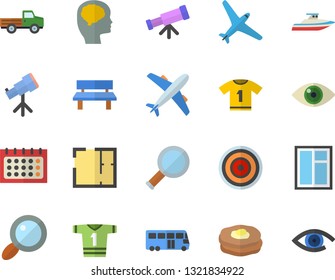 Color flat icon set window flat vector, house layout, induction cooker, pancakes, pickup truck, bench, magnifier, calendar, telescope, brain fector, sport T shirt, aircraft, bus, yacht, eye