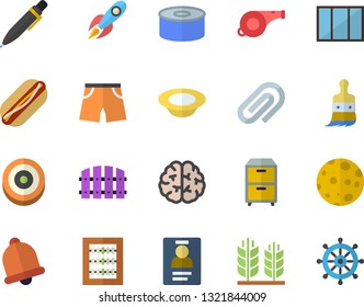 Color flat icon set window flat vector, canned food, hot dog, dish, fence, paint brush, rocket, clip, abacus, badge, archive, pen, moon, ear, brain, whistle, athletic shorts, target, bell