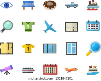Color flat icon set window flat vector, house layout, donut, pickup truck, bench, magnifier, calendar, eye, telescope, sport T shirt, aircraft fector, train, cruise ship