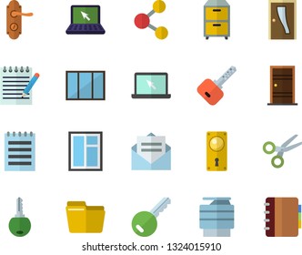 Color flat icon set window flat vector, Entrance door, lock, computer file, copy machine, archive, laptop, notepad, key fector, share, scissors, message, notebook