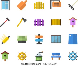 Color flat icon set window flat vector, fence, ax, rolling pin, cutting board, coffee grinder, nesting box, rake, bench, signboard, pointer fector, steering wheel