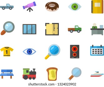 Color flat icon set window flat vector, house layout, induction cooker, donut, sandwich, pickup truck, bench, magnifier, calendar, eye, office worker, notebook, telescope, sport T shirt, yacht