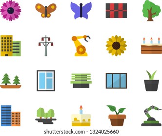 Color flat icon set window flat vector, skyscraper, tile, cake, home plant, tree, flower, butterflies, bench, forest, power line support, robotics
