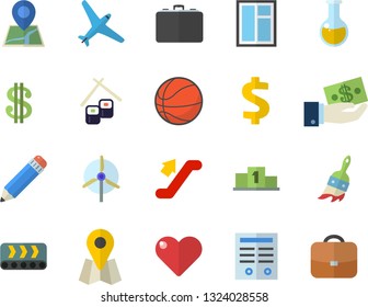 Color flat icon set window flat vector, fish rolls, paint brush, conveyor, case, location, dollar, investments, medical analysis, pencil, contract, windmill, pedestal, basketball, aircraft fector