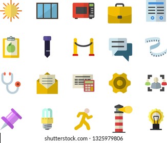 Color flat icon set window flat vector, cogwheel, energy saving lamp, calculator, microwave, sun, lighthouse, case, chat, stethoscope, drawing pin, recruitment, tie, contract, diet, centimeter, run