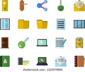 Color flat icon set window flat vector, Entrance door, lock, computer file, archive, laptop, notepad, hotel first line fector, key, share, message, notebook