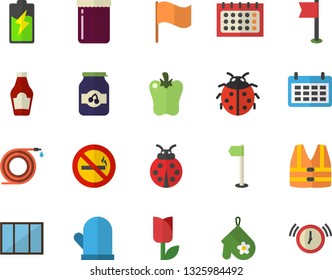 Color flat icon set window flat vector, potholder, ketchup, bell pepper, jam, ladybird, hose, tulip, battery, flag, calendar, sports, no smoking fector, life vest, alarm clock