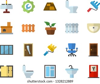 Color flat icon set window flat vector, paint roller, sink, toilet, house layout, Entrance door, repair, flooring, heating batteries, home plant, fireplace, office chair, romantic dinner fector