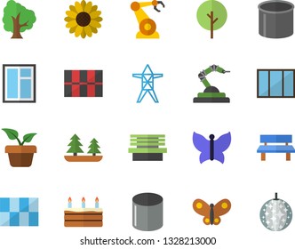 Color flat icon set window flat vector, tile, cake, home plant, tree, flower, butterflies, bench, forest, power line support, pipe production, robotics, disco ball fector