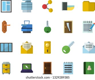 Color flat icon set window flat vector, Entrance door, lock, computer file, copy machine, archive, laptop, notepad, hotel first line fector, key, share, message, notebook