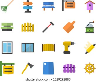 Color flat icon set window flat vector, drill screwdriver, fence, ax, rolling pin, cutting board, coffee grinder, nesting box, rake, bench, signboard, pointer fector, steering wheel