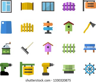 Color flat icon set window flat vector, drill screwdriver, fence, ax, cutting board, coffee grinder, nesting box, rake, bench, signboard, pointer fector, steering wheel