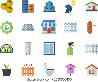 Color flat icon set window flat vector, toilet, door lock, skyscraper, repair, flooring, heating batteries, boiler, honeycomb, nesting box, home plant, pulverizer, house, greenhouse, solar battery