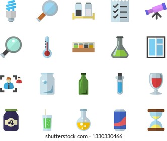 Color flat icon set window flat vector, spice, lemonade, wine, soda, jam, thermometer, chemistry, glass bottles, recruitment, to do list, energy saving lamp fector, magnifier, beakers, telescope