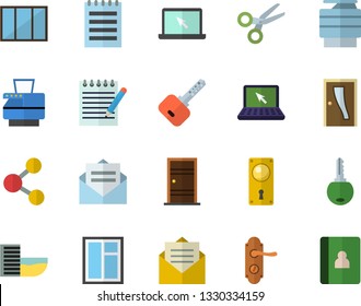 Color flat icon set window flat vector, Entrance door, lock, copy machine, laptop, notepad, hotel first line fector, share, scissors, message, key, notebook