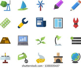 Color flat icon set window flat vector, concrete mixer, flooring, windmill, fireplace, tree leaf, wrench, marker, news, pill packaging, stomach, reading lamp, pencil, computer, swimsuit, windsurfing